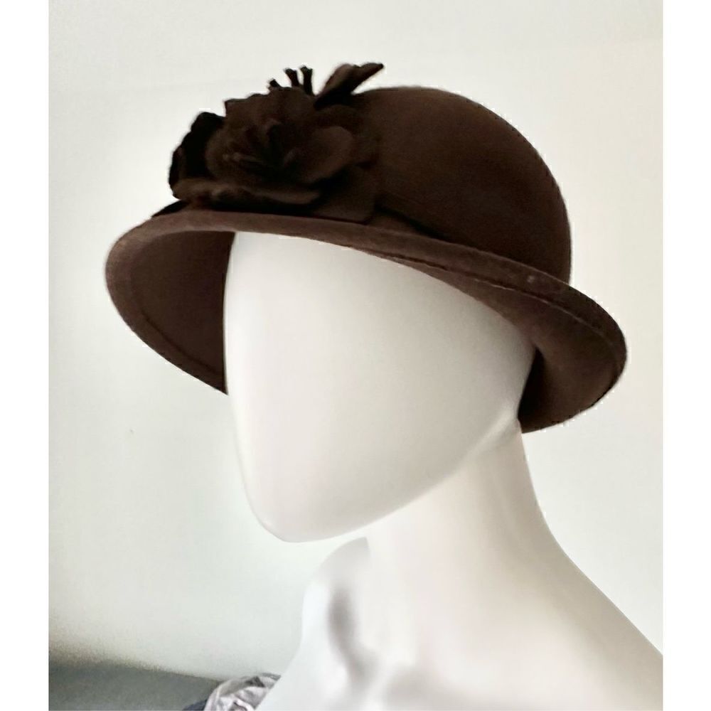 Brown Wool Felt Cloche with Felt Flowers, OS